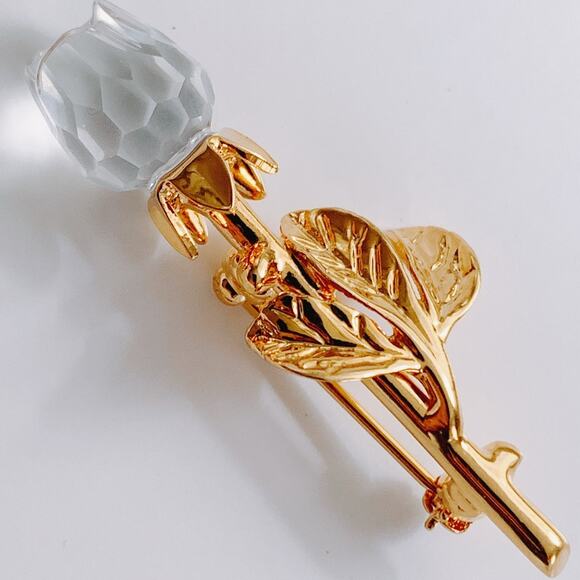 Vintage Swarovski Rose Pin Faceted Crystal 90s Y2K Small Rose Bud Floral Brooch - Picture 2 of 15